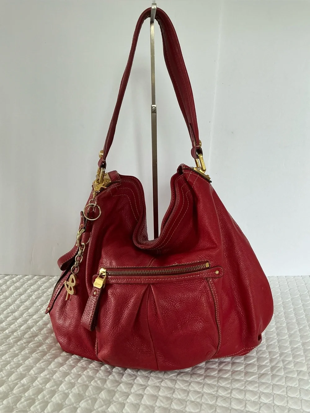 B.Makowsky Red Pebble Leather Shoulder Hobo Bag with Gold Hardware